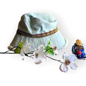 Light Blue Denim Bucket Hat Patterned Band Summer Fashion Hat